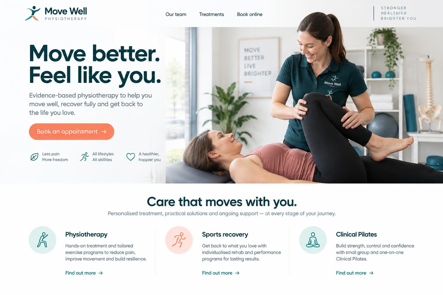 Illustrative demo website screenshot for Move Well, not a live website capture